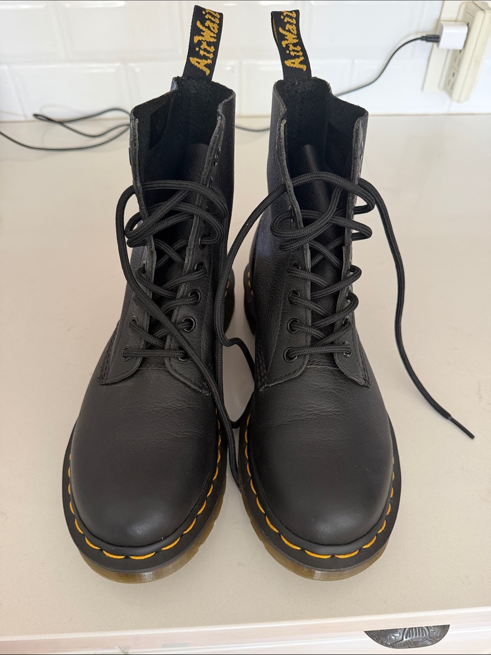 Dr. Martens Black Leather Lace-Up Boots with Yellow Stitching
